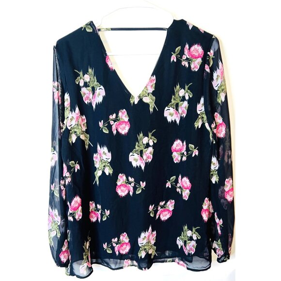 Daniel Rainn Sheer Black Floral Blouse With V Neck Long Sleeves Medium - Picture 2 of 5